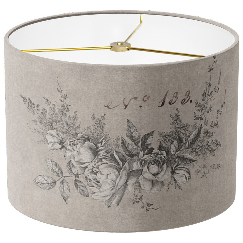 Garland of Roses Linen Cotton Lamp Shade - Charcoal Grey on Vintage Pewter Grain Sack Style
