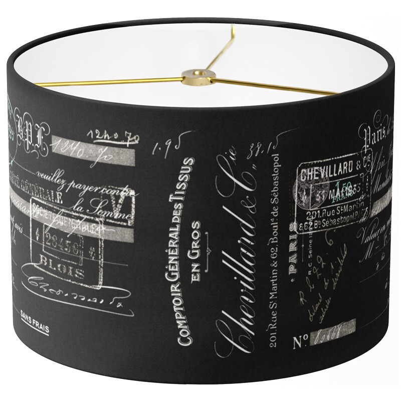Chevillard French Script on Black Linen Cotton Drum Lamp Shade