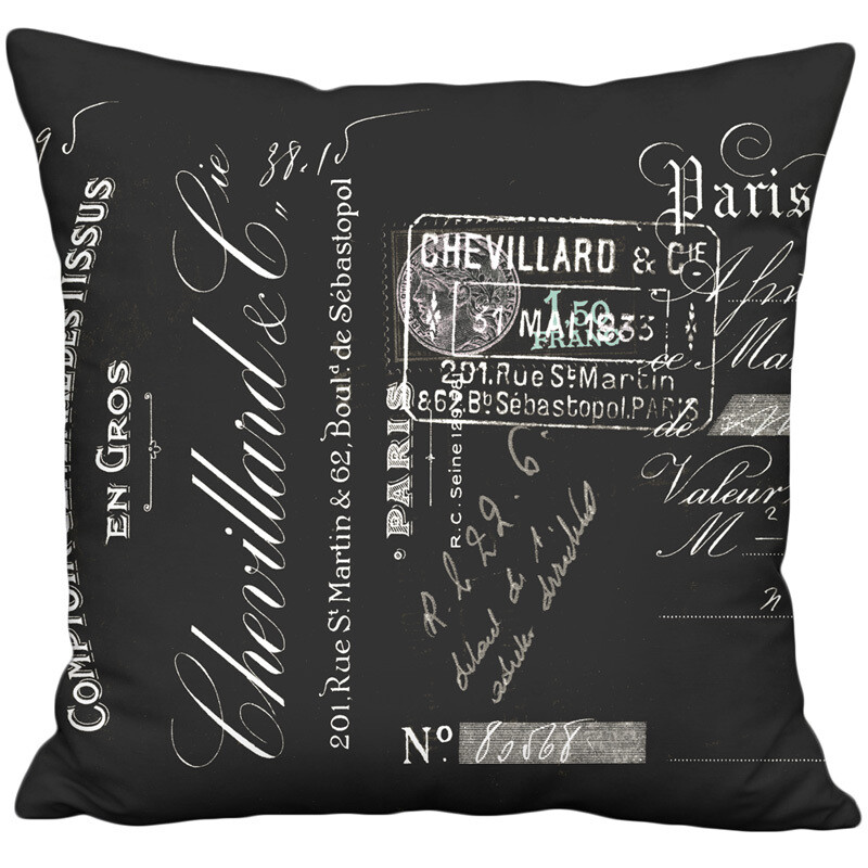 Chevillard French Script on Black Linen Cotton Pillow Cover