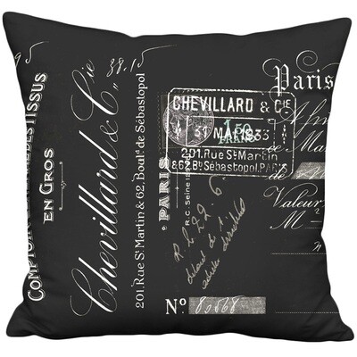 Chevillard French Script on Black Linen Cotton Pillow Cover