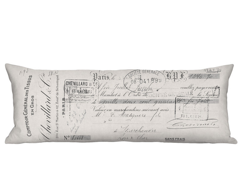 Chevillard French Script on Grey Linen Cotton Long Accent Pillow Cover