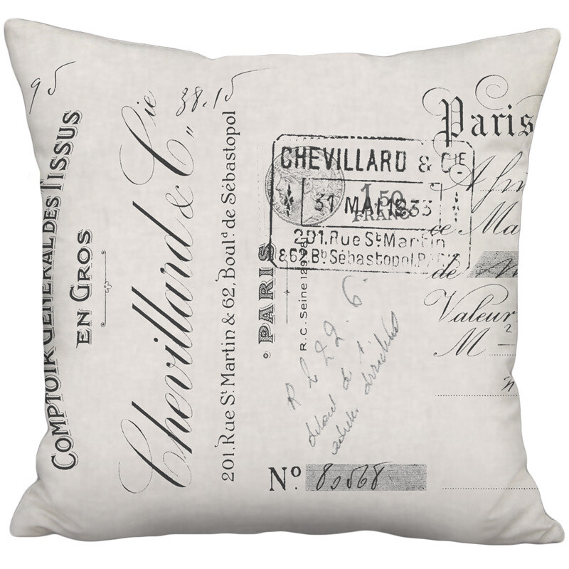 Chevillard French Script on Grey Linen Cotton Pillow Cover