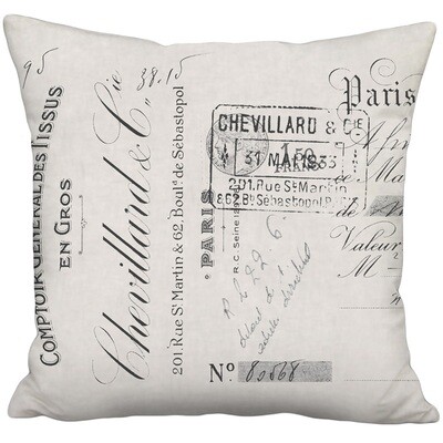Chevillard French Script on Grey Linen Cotton Pillow Cover