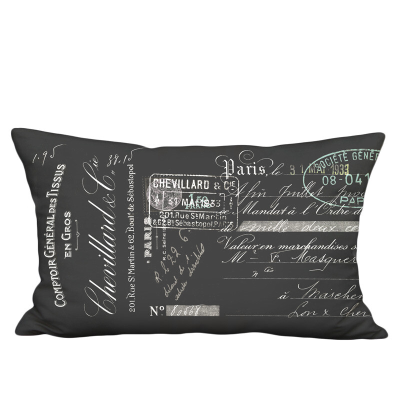 Chevillard French Script on Black Linen Cotton Lumbar Pillow Cover