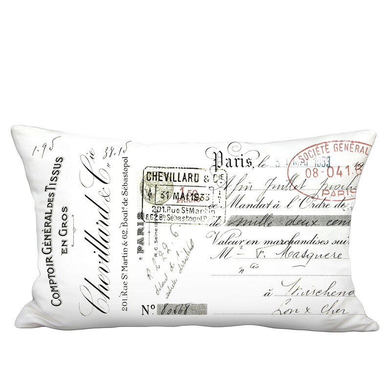 Chevillard French Script on White Linen Cotton Lumbar Pillow Cover