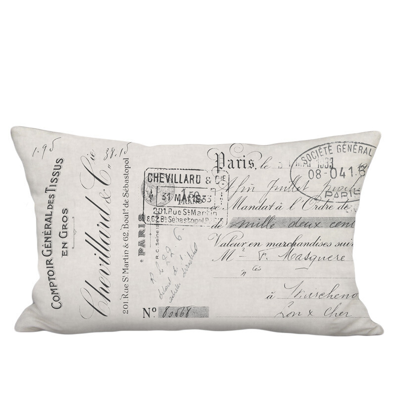 Chevillard French Script on Grey Linen Cotton Lumbar Pillow Cover