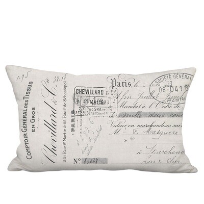 Chevillard French Script on Grey Linen Cotton Lumbar Pillow Cover