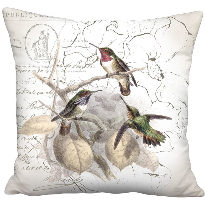 Antiqued Parchment Style Hummingbird Glow Linen Cotton Pillow Cover