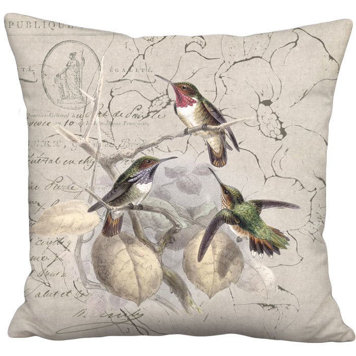 Beige Grain Sack Style Hummingbird Glow Linen Cotton Pillow Cover