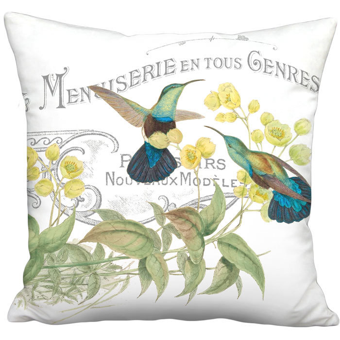 French Cottage Hummingbird Linen Cotton Pillow Cover