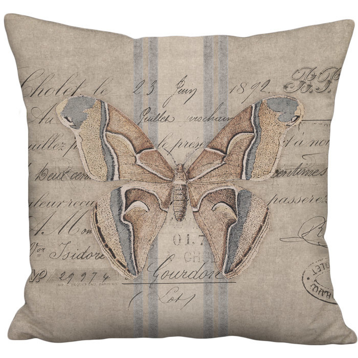 Rustic Butterfly Moth French Country Grain Sack Style Linen Cotton Pillow Cover