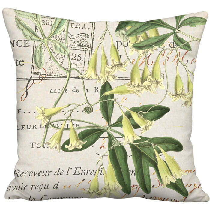 Green Flowering Vine French Document in Beige Green Botanical Linen Cotton Pillow Cover