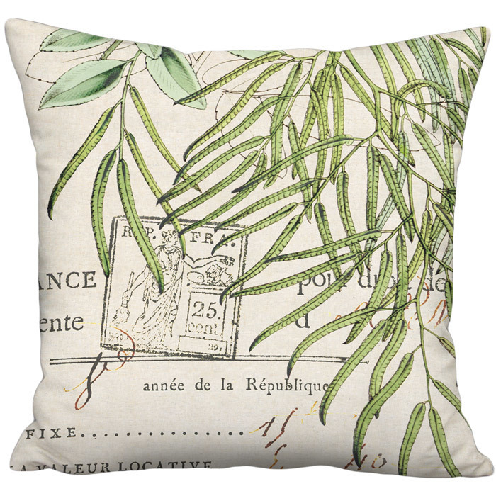 Llavea Fern French Document in Beige Green Botanical Linen Cotton Pillow Cover