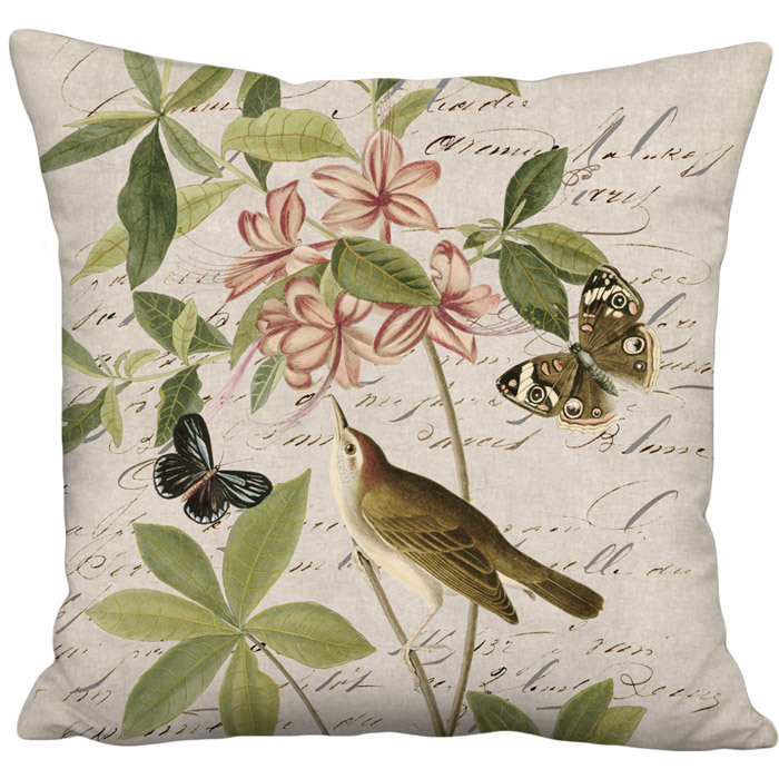 Warblers and Azalea Beige Grain Sack Style Linen Cotton Pillow Cover