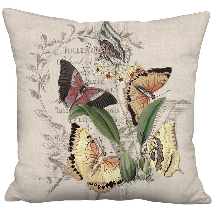 Summer Butterflies Beige Grain Sack Style Linen Cotton Pillow Cover