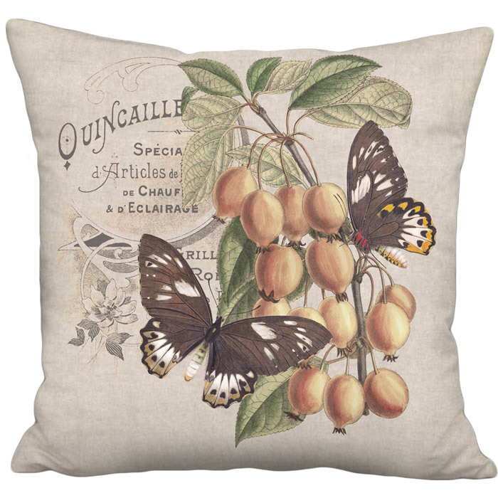 Brown Butterflies Beige Grain Sack Style Linen Cotton Pillow Cover