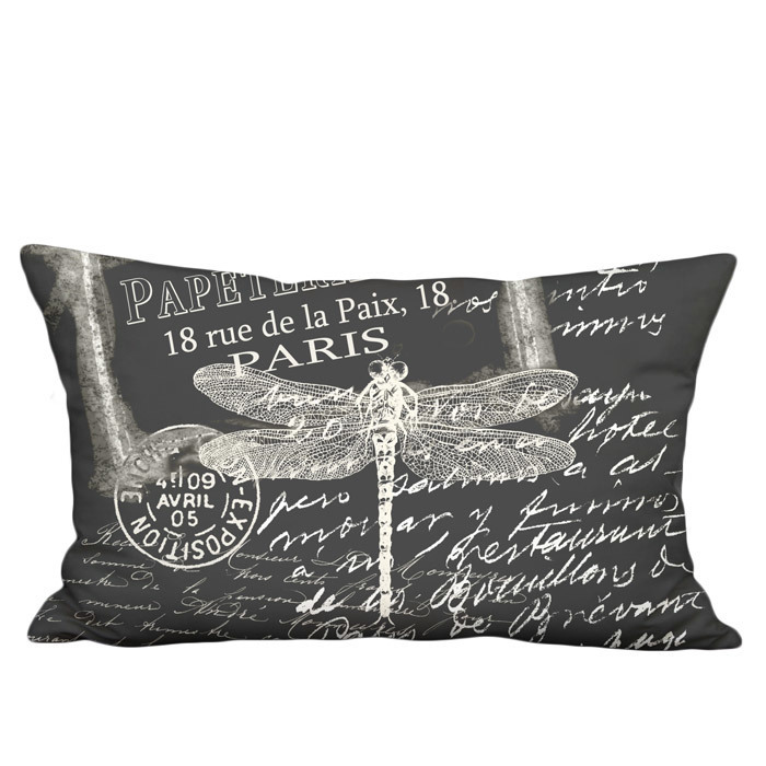 Papeterie Chalkboard Dragonfly Black Linen Cotton Lumbar Pillow Cover