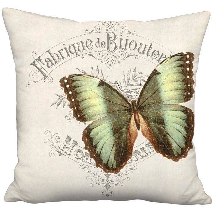 Moss Green Butterfly Linen Cotton Pillow Cover