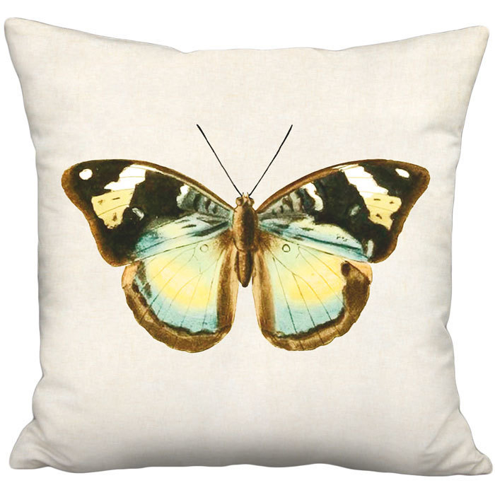 Butter Yellow and Aqua Butterfly Linen Cotton Pillow Cover