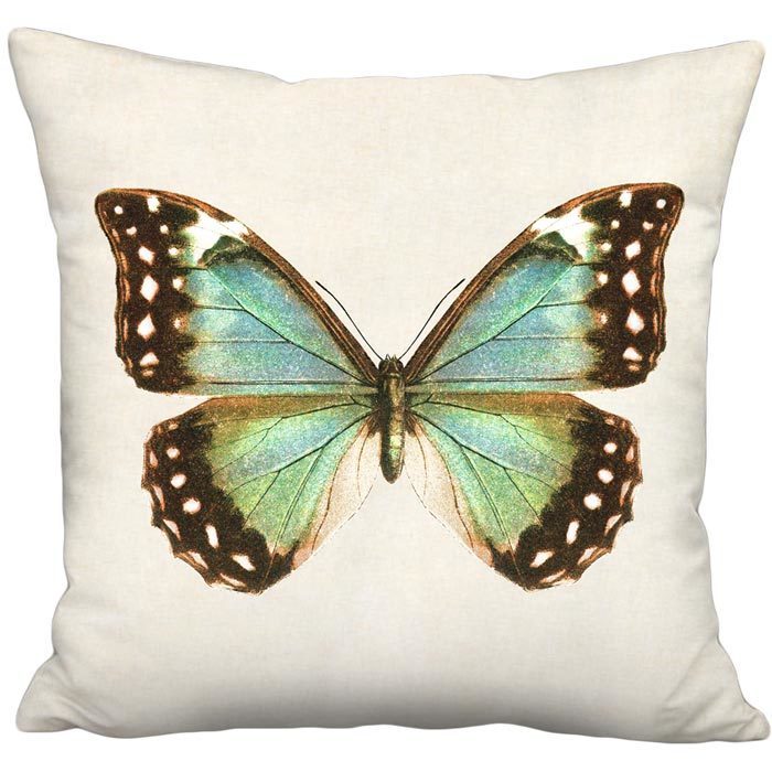 Vibrant Blue and Green Butterfly Linen Cotton Pillow Cover