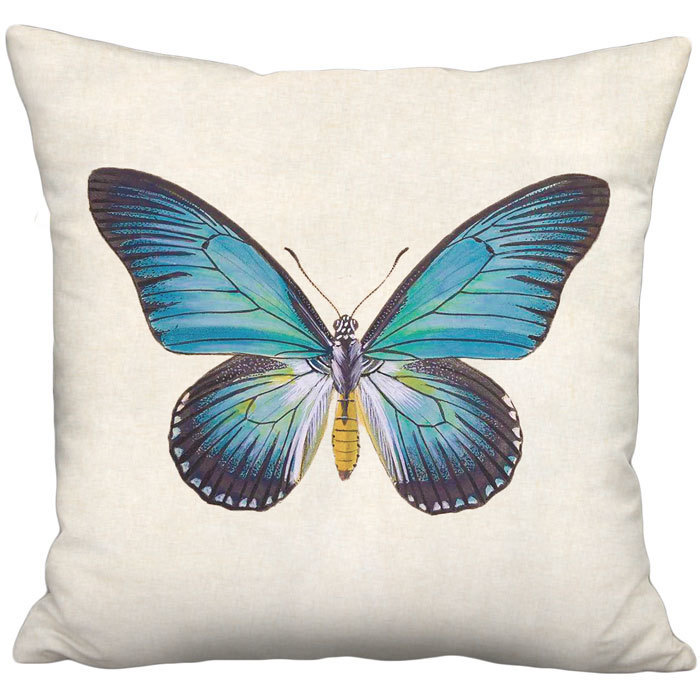 Vibrant Peacock Blue Butterfly Linen Cotton Pillow Cover