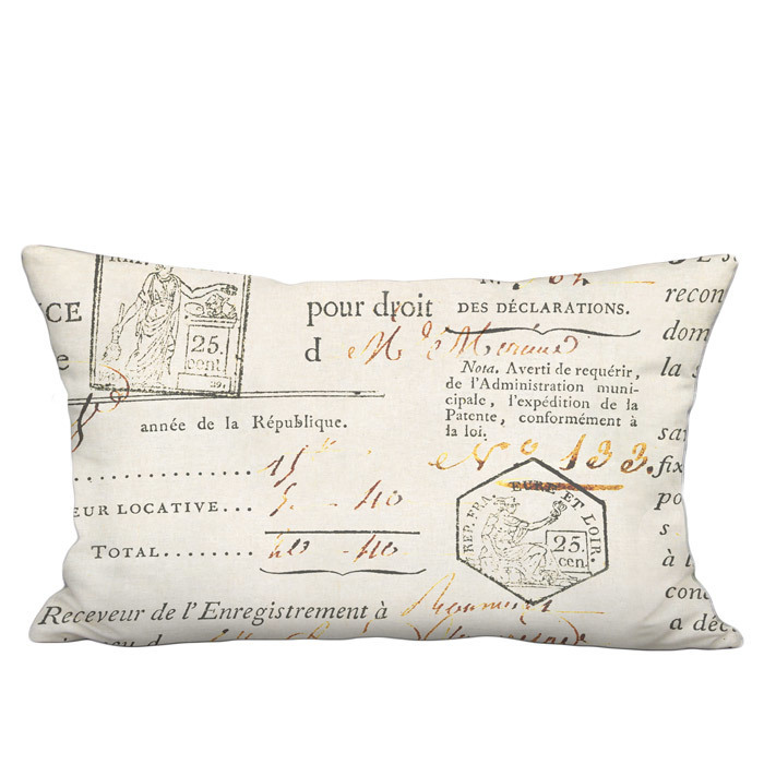 French Document in Beige Linen Cotton Lumbar Pillow Cover