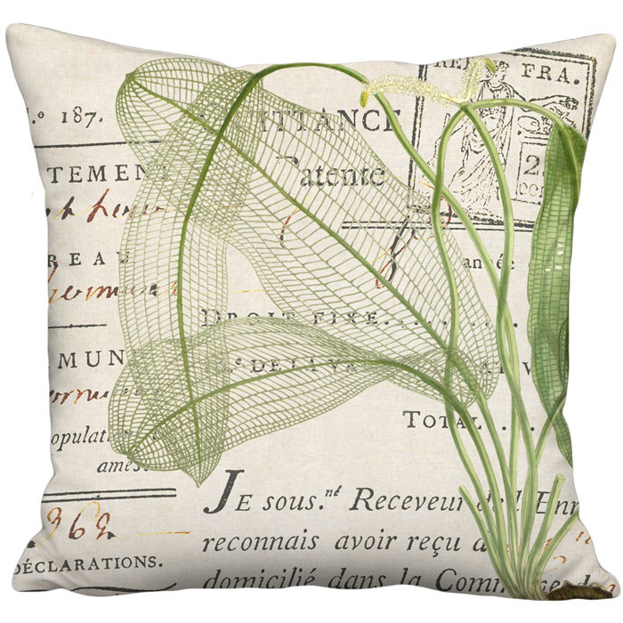 Madagascar Lace French Document in Beige Green Botanical Linen Cotton Pillow Cover