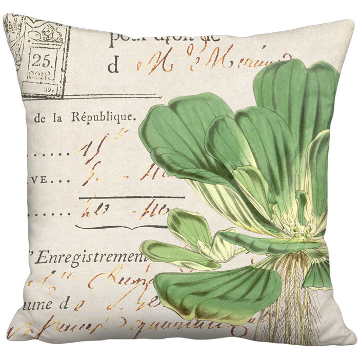 Water Lettuce French Document in Beige Green Botanical Linen Cotton Pillow Cover