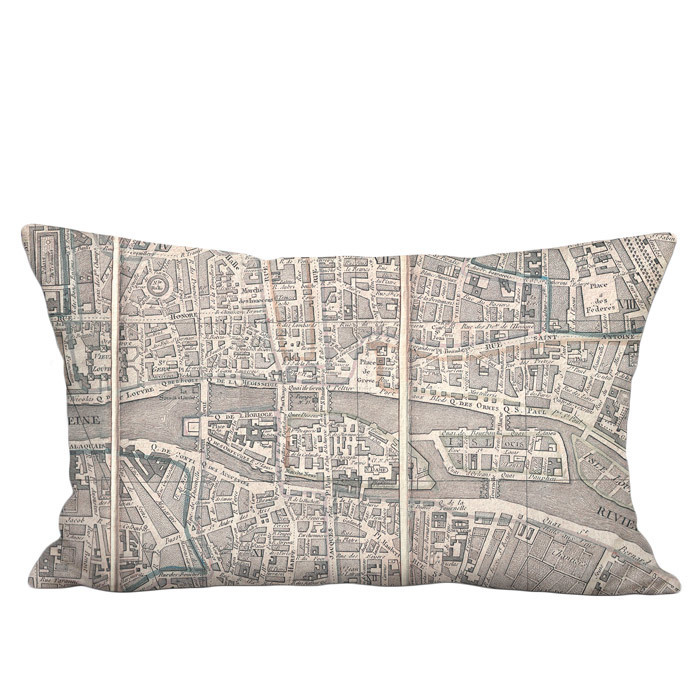 Vintage Paris Pocket Map Linen Cotton Lumbar Pillow Cover
