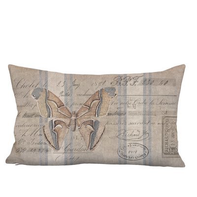 Rustic Butterfly Moth Grain Sack Style Linen Cotton Lumbar Pillow Cover
