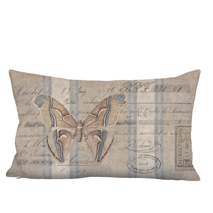 Rustic Butterfly Moth Grain Sack Style Linen Cotton Lumbar Pillow Cover