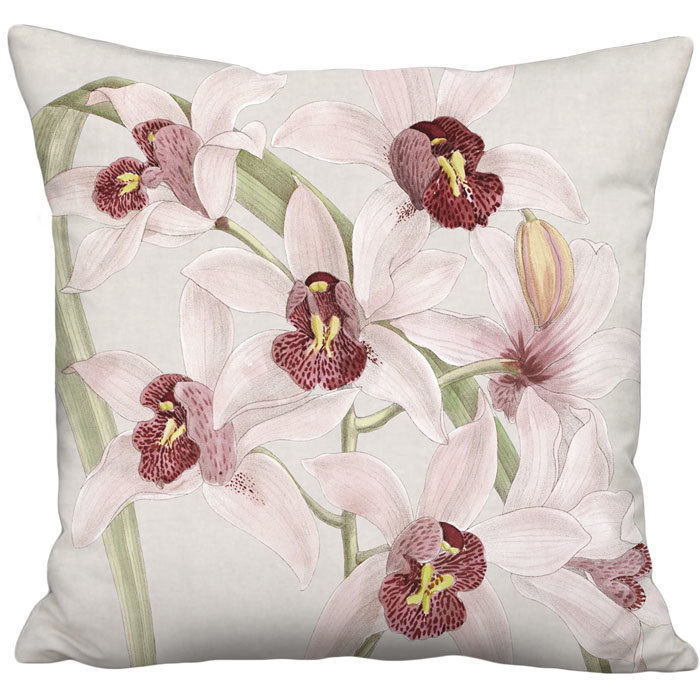 Cymbidium Orchid in Plum and Green on French Grey Linen Cotton Pillow Cover