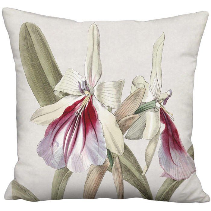 Pansy Orchid in Plum and Green on French Grey Linen Cotton Pillow Cover