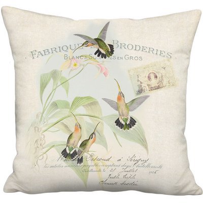 Apricot and Green Hummingbirds Linen Cotton Pillow Cover