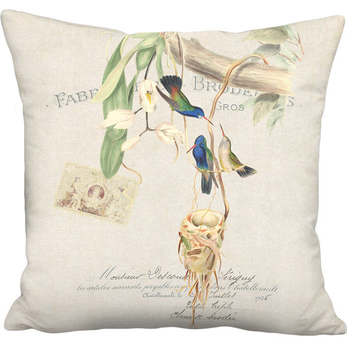 Hummingbirds and Nest Linen Cotton Pillow Cover
