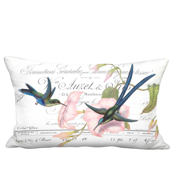 Blue Hummingbirds and Pink Flowers on White Linen Cotton Lumbar Pillow Cover