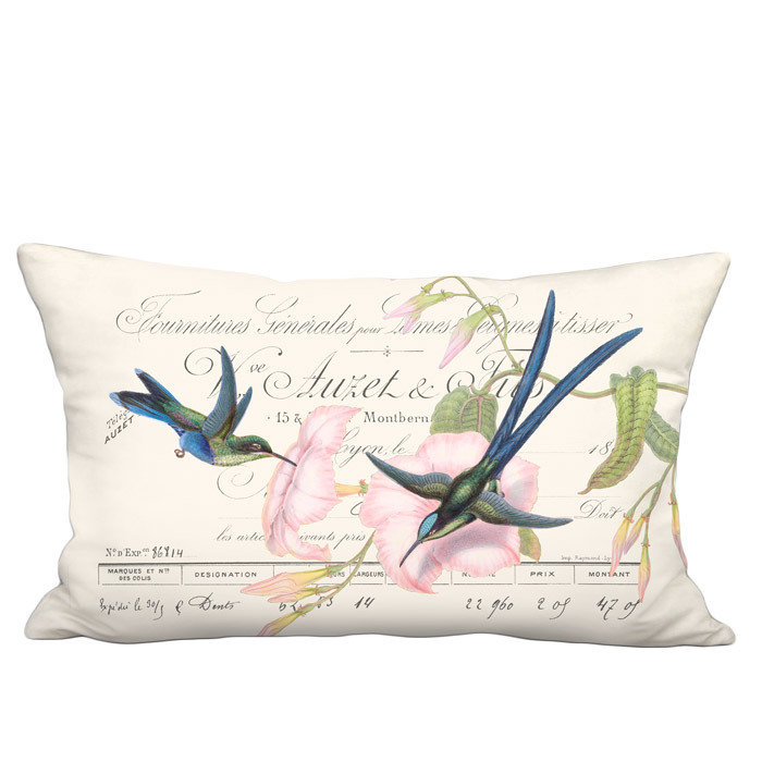 Blue Hummingbirds and Pink Flowers on Ivory Creme Linen Cotton Lumbar Pillow Cover