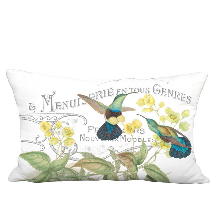 French Cottage Hummingbird Linen Cotton Lumbar Pillow Cover