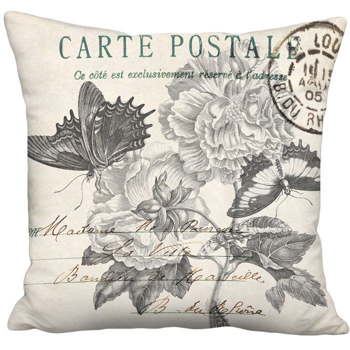 Flowers and Butterflies Vintage Carte Postale Linen Cotton Pillow Cover