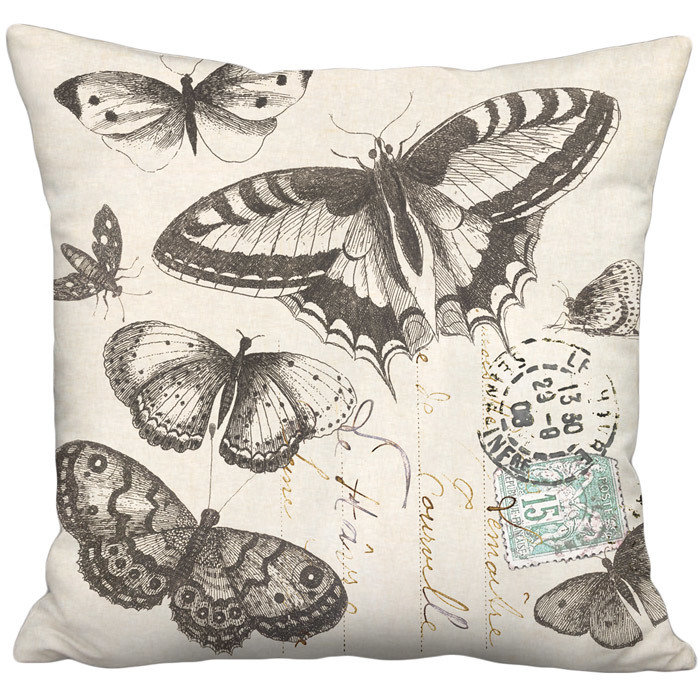 Butterflies Vintage French Postcard Linen Cotton Pillow Cover