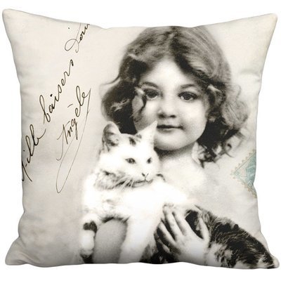 Thousand Kisses Girl and Cat Vintage French Postcard Linen Cotton Pillow Cover