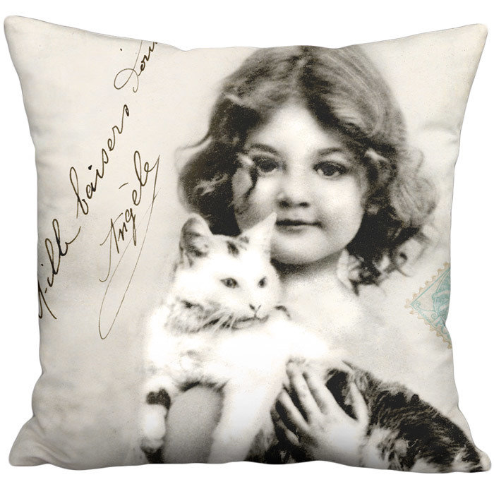 Thousand Kisses Girl and Cat Vintage French Postcard Linen Cotton Pillow Cover