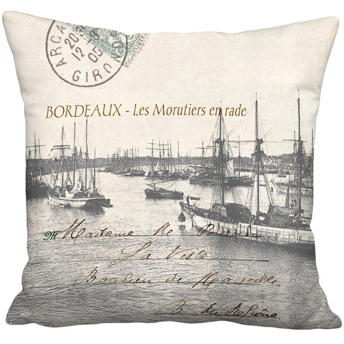 Cod Fishing Boats in Harbor Vintage French Postcard Linen Cotton Pillow Cover