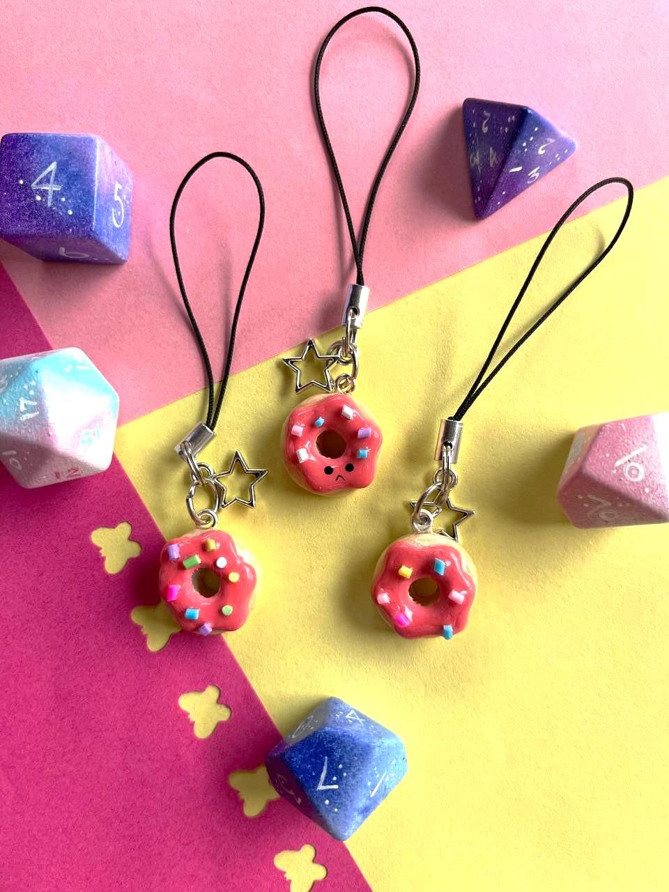 Handmade Donut Phone Charm – Air Dry Clay &amp; UV Resin, Cute Dessert Keychain Gift