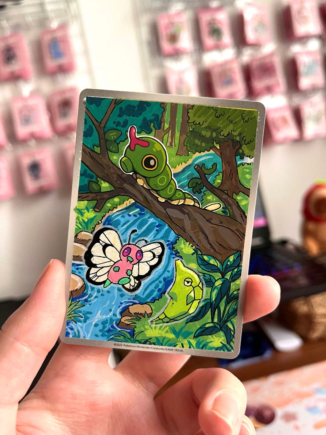 Handpainted Caterpie, Metapod, Butterfree Pokemon Card