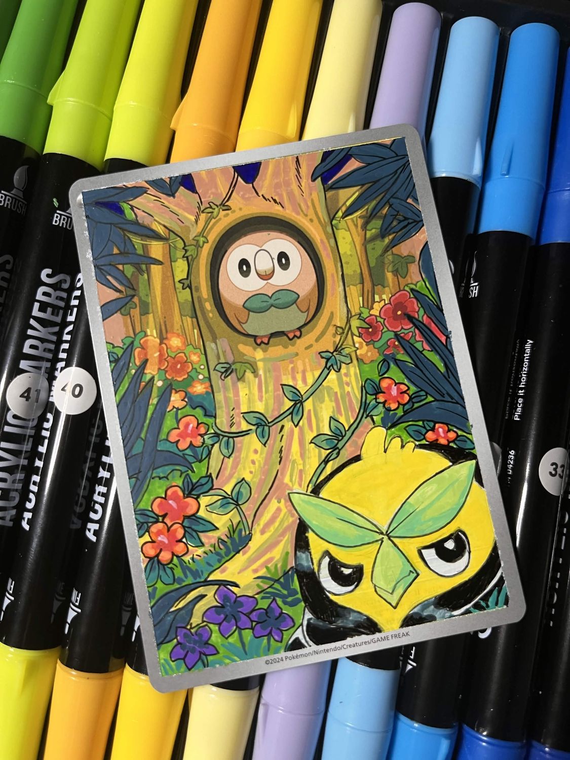 Handpainted Browt and Rowlet Pokemon Card