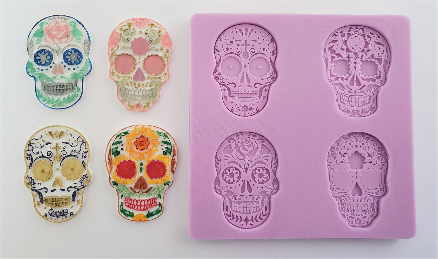 HALLOWEEN DAY OF THE DEAD FLORAL SKULLS SET OF 4 SILICONE MOULD