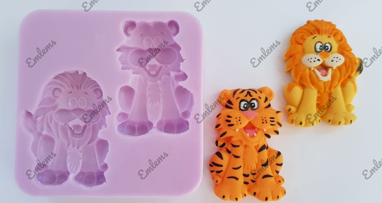 Emlems Jungle Cartoon Lion &amp; Tiger Silicone mould food safe, also for resin, clay, wax and more