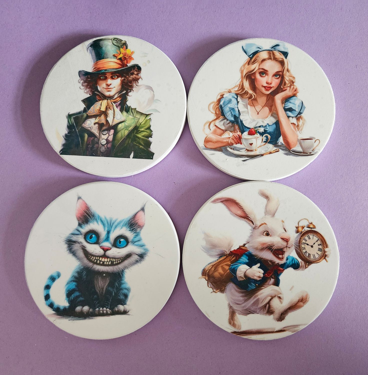 Handmade Alice in Wonderland Ceramic Coasters x 4 by Emlems Giftware