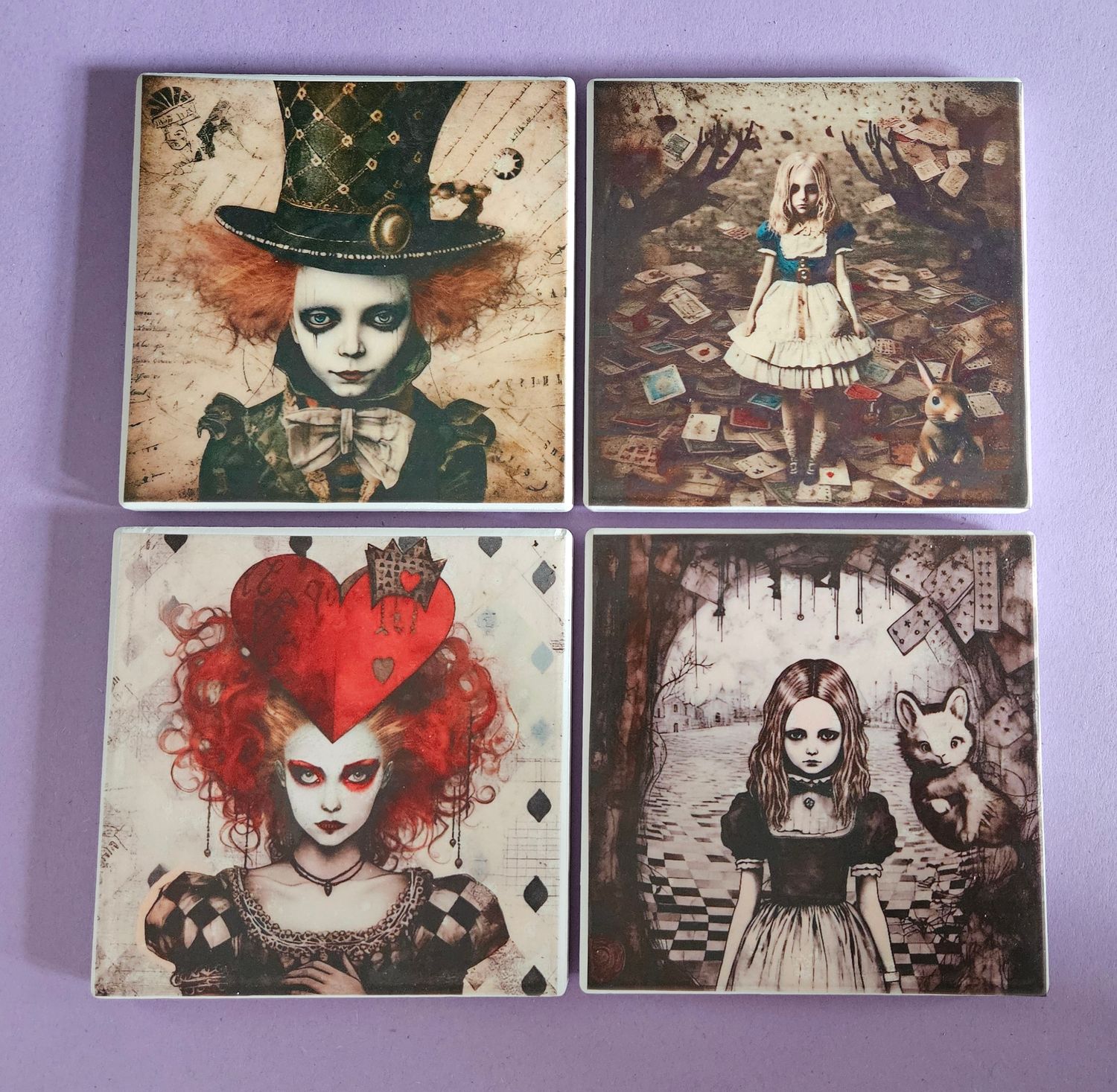 Handmade Dark Alice in Wonderland Ceramic Coasters x 4 by Emlems Giftware